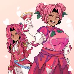 Rule 34 | 2girls, alcohol, armor, champagne, closed mouth, cookie run, cup, curly hair, dark-skinned female, dark skin, double bun, drinking glass, hair bun, heart, heart background, highres, hollyberry cookie, multiple girls, one eye closed, open mouth, pink eyes, pink hair, raspberry cookie, smiter-jedd, wavy hair, wine, wine glass