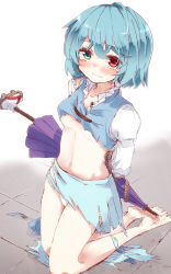 Rule 34 | 1girl, aoi (annbi), arms behind back, assisted exposure, barefoot, bdsm, blue eyes, blue hair, blush, bondage, bound, bound arms, breasts, closed umbrella, feet, heterochromia, highres, kneeling, looking at viewer, matching hair/eyes, panties, parted lips, red eyes, rope, short hair, simple background, sketch, skirt, small breasts, solo, tatara kogasa, tears, torn clothes, touhou, umbrella, underboob, underwear, white panties