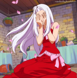 Rule 34 | 1girl, blue eyes, crying, dress, fairy tail, highres, mirajane strauss, red dress, screencap, solo, white hair