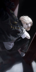 Rule 34 | 1boy, absurdres, black eyes, black jacket, black pants, buttons, closed mouth, commentary request, dark, highres, jacket, kerno, knees up, light smile, looking at viewer, looking back, male focus, no pupils, pants, sano manjirou, shirt, short-sleeved sweater, short sleeves, sitting, solo, sweater, tokyo revengers, white footwear, white shirt
