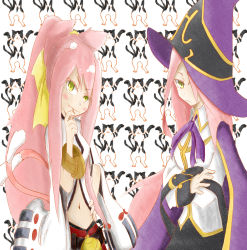 Rule 34 | 2girls, age difference, animal ears, arc system works, bell, belt, blazblue, blush, bracelet, cape, cat, cat ears, cat tail, crossed arms, female focus, hair over one eye, happy, hat, jewelry, kokonoe (blazblue), konoe a. mercury, kuzira217, lab coat, long hair, midriff, mother and daughter, multiple girls, multiple tails, pants, pink hair, ponytail, purple ribbon, ribbon, smile, tail, witch hat, yellow eyes, yellow ribbon