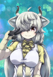 Rule 34 | 1girl, absurdres, ahoge, animal ears, arm at side, black horns, breasts, brown eyes, closed mouth, gloves, grey hair, grey horns, hair over one eye, hair ribbon, hand up, highres, horizontal pupils, horns, impossible clothes, kemono friends, kotobukkii (yt lvlv), long hair, looking at viewer, multicolored horns, neck ribbon, ox ears, ox girl, ox horns, parted bangs, ribbon, shirt, short sleeves, smile, solo, twintails, v, yak (kemono friends)