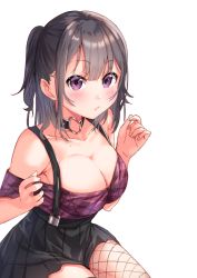 Rule 34 | 1girl, bad id, bad pixiv id, bare shoulders, black collar, black skirt, blush, breasts, cleavage, closed mouth, collar, collarbone, fingernails, fishnet pantyhose, fishnets, grey hair, hair between eyes, hands up, highres, large breasts, long hair, looking at viewer, mole, off-shoulder shirt, off shoulder, original, pantyhose, pleated skirt, purple eyes, purple shirt, shirt, simple background, single leg pantyhose, skirt, solo, suspender skirt, suspenders, tsukiman, white background