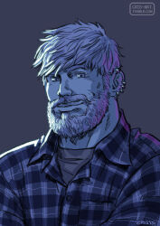 Rule 34 | 1boy, aged up, bad id, bad tumblr id, bara, beard, blue theme, collared shirt, cris art, ear piercing, facial hair, hulkling, layered shirt, male focus, marvel, mature male, mustache, piercing, portrait, raised eyebrow, shirt, short hair, sideburns, smile, solo, thick eyebrows, thick mustache, wrinkled skin
