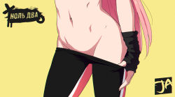 Rule 34 | 1girl, black gloves, character name, close-up, clothes pull, darling in the franxx, fingerless gloves, gloves, groin, j adsen, lower body, midriff, navel, pants, pants pull, pink hair, pulled by self, russian text, simple background, solo, sportswear, standing, stomach, straight hair, yellow background, zero two (darling in the franxx)