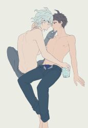 Rule 34 | 2boys, ahoge, baba (sizennha pan2), barefoot, blue male underwear, brown hair, collarbone, cup, danganronpa (series), danganronpa 2: goodbye despair, eye contact, grey hair, hand on another&#039;s chin, hand on another&#039;s neck, highres, hinata hajime, holding, holding cup, komaeda nagito, looking at another, male focus, male underwear, mechanical arms, multiple boys, open pants, pants, short hair, single mechanical arm, topless male, underwear, yaoi