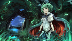Rule 34 | 1girl, antennae, asutora, belt, black gloves, bug, cape, cloud, cloudy sky, fireflies, firefly, floating hair, gloves, grass, green eyes, green hair, highres, insect, matching hair/eyes, night, night sky, puffy short sleeves, puffy sleeves, shirt, short hair, short sleeves, sky, solo, touhou, water, white shirt, wind, wriggle nightbug