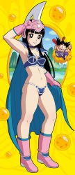 Rule 34 | 1girl, :d, absurdres, armor, bikini, bikini armor, black eyes, black hair, blue bikini, blue cape, blue choker, blunt bangs, blush, boots, breasts, bright pupils, cape, cape hold, caricature, chi-chi (dragon ball), choker, cleavage, closed mouth, dragon ball, dragon ball (classic), dragon ball (object), flying nimbus, full body, gloves, hand up, highres, long hair, looking at viewer, medium breasts, navel, open mouth, pauldrons, pink footwear, pink gloves, sakkan, shoulder armor, smile, solo focus, son goku, standing, swimsuit, w, white pupils