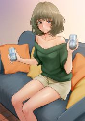 Rule 34 | 1girl, alcohol, bare shoulders, beige shorts, blue eyes, blush, breasts, can, closed mouth, collarbone, couch, green eyes, green hair, green sweater, hands up, heterochromia, holding, holding can, idolmaster, idolmaster cinderella girls, indoors, looking at viewer, medium breasts, mole, mole under eye, no legwear, off-shoulder, off-shoulder sweater, off shoulder, outstretched arms, pillow, short hair, shorts, shoukaki (earthean), sitting, smile, solo, sweater, takagaki kaede
