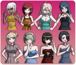 6+girls :d :p ;d a_beautiful_man_(middinos) akamatsu_kaede alternate_hair_length alternate_hairstyle antenna_hair arms_behind_back bag bare_shoulders black_dress blonde_hair blue_dress border braid breasts chabashira_tenko clothing_cutout danganronpa_(series) danganronpa_v3:_killing_harmony dark-skinned_female dark_skin dress green_dress grey_dress grin hair_over_one_eye handbag harukawa_maki heart heart_hands highres holding holding_bag iruma_miu jewelry large_breasts long_hair mole mole_under_mouth multi-tied_hair multiple_girls navel navel_cutout navel_piercing necklace one_eye_closed open_mouth orange_dress piercing pink_background pink_eyes red_dress red_eyes red_hair shirogane_tsumugi short_hair smile teeth tojo_kirumi tongue tongue_out upper_teeth_only white_border white_hair yonaga_angie yumeno_himiko