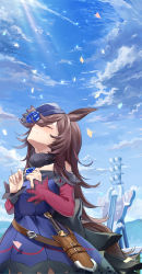 Rule 34 | 1girl, absurdres, animal ears, bare shoulders, black bow, blue dress, blue flower, blue hat, blue rose, blue sky, blush, bow, brown hair, closed eyes, closed mouth, cloud, cloudy sky, commentary request, crying, dagger, day, dress, flower, hair over one eye, hat, hat flower, highres, horse ears, horse girl, horse tail, kito koruta, knife, long hair, off-shoulder dress, off shoulder, outdoors, petals, rice shower (umamusume), rose, sky, solo, sunlight, tail, tears, tilted headwear, umamusume, very long hair, weapon