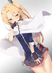 Rule 34 | 1girl, azur lane, black gloves, black skirt, blonde hair, blush, capelet, cleveland (azur lane), closed mouth, covering crotch, covering own mouth, covering privates, embarrassed, fingerless gloves, gloves, gradient background, hand up, kesoshirou, legs together, long hair, looking to the side, miniskirt, one side up, panties, parted bangs, red eyes, side-tie panties, skirt, solo, thighs, tsurime, underwear, untied panties, vest, wardrobe malfunction, white panties