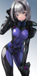 Rule 34 | 1girl, armored bodysuit, black bodysuit, black hair, bodysuit, breasts, character request, commentary request, covered navel, fortified suit, grey eyes, grey hair, hand on own head, hand on own thigh, headgear, highres, impossible bodysuit, impossible clothes, kurione (zassou), looking at viewer, multicolored hair, muv-luv, purple bodysuit, shiny clothes, short hair, skin tight, small breasts, solo, streaked hair, two-tone bodysuit, two-tone hair