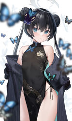 Rule 34 | 1girl, absurdres, black dress, black gloves, black hair, black jacket, blue archive, blue eyes, breasts, bug, butterfly, butterfly hair ornament, china dress, chinese clothes, covered navel, double bun, dragon print, dress, fh moya, gloves, hair bun, hair ornament, halo, highres, insect, jacket, kisaki (blue archive), long hair, looking at viewer, pelvic curtain, print dress, sleeveless, sleeveless dress, small breasts, solo, striped clothes, striped jacket, thighs, twintails, vertical-striped clothes, vertical-striped jacket, white background