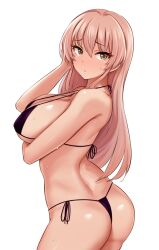 Rule 34 | 1girl, arm under breasts, ass, bare arms, bare shoulders, bikini, black bikini, blush, breasts, cleavage, closed mouth, commentary request, hair between eyes, halterneck, hand in own hair, highres, idolmaster, idolmaster cinderella girls, jougasaki mika, large breasts, long hair, looking back, pink hair, side-tie bikini bottom, simple background, solo, sweat, swimsuit, thighs, tomajiyama, twisted torso, white background, yellow eyes