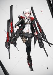 Rule 34 | 1girl, black pantyhose, full body, gloves, headgear, heavily armed high school girls, highres, holster, jacket, looking at viewer, multicolored hair, necktie, neco, open clothes, open jacket, original, pantyhose, pleated skirt, red eyes, science fiction, shi (heavily armed high school girls), shirt, short hair, skirt, solo, sword, thigh holster, two-tone hair, weapon, white hair