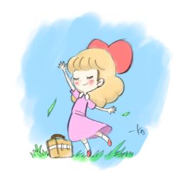 Rule 34 | 1girl, blonde hair, blush stickers, closed eyes, dancing, grass, lunchbox, mother (game), mother 2, nintendo, paula (mother 2), red footwear, red ribbon, ribbon, signature, smile, solo, takeuchi kou