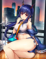 Rule 34 | 1girl, absurdres, arknights, ass, bare legs, bare shoulders, blue hair, blue jacket, blue panties, blush, breasts, cameltoe, ch&#039;en (arknights), chinese commentary, city, commentary request, dragon horns, feet out of frame, hand up, highres, horns, id card, indoors, jacket, large breasts, long hair, looking at viewer, midriff, off shoulder, open clothes, open jacket, panties, parted lips, red eyes, shirt, sleeveless, sleeveless shirt, solo, thighs, underwear, white shirt, yusan