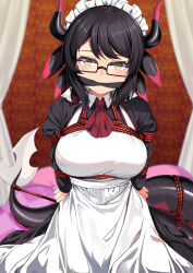 Rule 34 | 1girl, apron, arms behind back, ascot, bdsm, black dress, black hair, bondage, bound, breasts, cleave gag, cloth gag, commentary request, cowboy shot, dress, gag, gagged, glasses, green eyes, highres, horns, house dragonmaid, improvised gag, large breasts, long sleeves, looking at viewer, red ascot, short hair, solo, white apron, yasume yukito, yu-gi-oh!