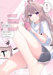 Rule 34 | 1boy, 1girl, ahoge, barefoot, black shorts, blush, breasts, brown hair, cellphone, chibi, chikuwa., commentary, eyebrows hidden by hair, highres, holding, holding phone, knee up, long hair, long legs, mouth hold, original, phone, phone with ears, purple eyes, shirt, short shorts, short sleeves, shorts, sitting, small breasts, sweat, text messaging, translated, tupet, two side up, v-shaped eyebrows, very long hair, white shirt