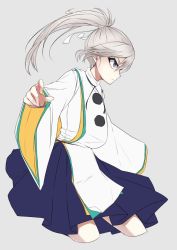 Rule 34 | 1girl, black ribbon, blouse, blue eyes, blue skirt, commentary request, cowboy shot, cropped legs, flat color, from side, grey background, hair between eyes, hair ribbon, highres, long hair, long sleeves, momendoufu, mononobe no futo, neck ribbon, no headwear, pelvic curtain, pom pom (clothes), ponytail, profile, ribbon, shirt, silver hair, simple background, skirt, solo, standing, touhou, unfinished, white ribbon, white shirt, wide sleeves