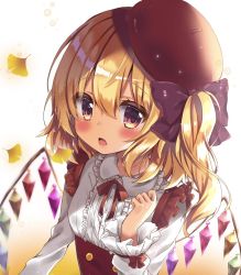 Rule 34 | 1girl, adapted costume, beret, blonde hair, blush, bow, brown background, brown bow, center frills, collared shirt, commentary request, crystal, fang, flandre scarlet, frilled shirt collar, frills, ginkgo leaf, ginkgo tree, gradient background, hair between eyes, hair bow, hand up, hat, highres, honoka chiffon, leaf, long hair, long sleeves, neck ribbon, one side up, open mouth, red bow, red eyes, red hat, red ribbon, ribbon, shirt, solo, tilted headwear, touhou, underbust, upper body, white background, white shirt, wide sleeves, wings