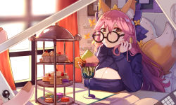 Rule 34 | 10s, 1girl, alternate costume, animal ears, breasts, cake, cellphone, center opening, cleavage, cleavage cutout, clothing cutout, fate/extra, fate (series), food, fox ears, fox tail, glasses, highres, large breasts, looking at viewer, meme attire, multiple tails, open-chest sweater, phone, pink hair, ribbed sweater, ryuuno6, smartphone, solo, sweater, tail, taking picture, tamamo (fate), tamamo no mae (fate/extra), turtleneck, yellow eyes