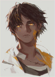 Rule 34 | 1boy, absurdres, arknights, black hair, braid, closed mouth, dark-skinned male, dark skin, earclip, floating hair, frown, highres, jewelry, looking at viewer, male focus, manjyufroth, necklace, paint on clothes, paint splatter, paint splatter on face, portrait, short hair, side braid, simple background, single braid, sketch, solo, thorns (arknights), yellow eyes