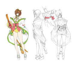 Rule 34 | 1girl, animal ears, bare shoulders, bob cut, bow, breasts, brown hair, fantasy clothes, fantasy clothing, hair ornament, japanese clothes, legs, looking at viewer, multiple views, platform footwear, q azieru, red eyes, sandals, sideboob, simple background, sketch, smile, sword, turnaround, weapon, white background