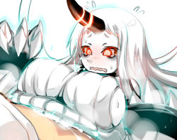 Rule 34 | 10s, 1boy, 1girl, @ @, abyssal ship, breasts, claws, cum, cum on body, ejaculation, glowing, glowing eyes, hetero, horns, kantai collection, long hair, paizuri, paizuri under clothes, pale skin, red eyes, ribbed sweater, seaport princess, shiki (psychedelic g2), sideboob, single horn, solo focus, sweatdrop, sweater, textless version, wavy mouth, white background, white hair