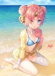 Rule 34 | 1girl, bandaged leg, bandages, barefoot, beach, bikini, blue bikini, blue eyes, blue sky, breasts, chestnut mouth, cleavage, cloud, cloudy sky, collarbone, commentary, day, double bun, eyes visible through hair, fate/grand order, fate (series), frankenstein&#039;s monster (fate), frankenstein&#039;s monster (swimsuit saber) (fate), frankenstein&#039;s monster (swimsuit saber) (first ascension) (fate), full body, hair bun, hair over one eye, hand up, heterochromia, hitsukuya, horizon, horns, jacket, long sleeves, looking at viewer, ocean, outdoors, parted lips, pink hair, seashell, seiza, shell, single horn, sitting, sky, sleeves past fingers, sleeves past wrists, small breasts, soles, solo, starfish, swimsuit, swimsuit cover-up, symbol-only commentary, water, yellow eyes, yellow jacket