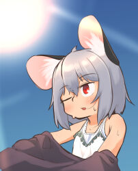 Rule 34 | 1girl, animal ear fluff, animal ears, blue sky, blush, clear sky, commentary request, day, flat chest, greenpiecerice, grey hair, hair between eyes, highres, hot, looking afar, medium bangs, mouse ears, mouse girl, nazrin, one eye closed, open mouth, outdoors, red eyes, short hair, sky, solo, sun, sunlight, sweat, tank top, touhou, upper body, white tank top