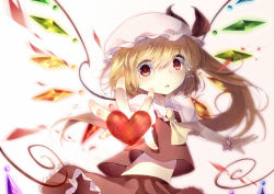 Rule 34 | 1girl, ascot, bad id, bad pixiv id, blonde hair, blush, female focus, flandre scarlet, hat, hat ribbon, heart, highres, midriff, open mouth, outstretched arms, outstretched hand, red eyes, ribbon, shirt, short hair, side ponytail, skirt, skirt set, solo, tears, tepes, embodiment of scarlet devil, touhou, wings, wrist cuffs, wrist ribbon