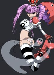 Rule 34 | 1girl, artist request, ass, black eyes, breasts, butt crack, cleavage, crown, devil fruit, eyes visible through hair, full body, holding, holding umbrella, horo horo no mi, large breasts, long hair, looking at viewer, looking back, no panties, one piece, panties, perona, pink hair, shiny skin, side-tie panties, smile, tongue, tongue out, twintails, umbrella, underwear, very long hair