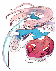 Rule 34 | 1girl, blue shirt, bubble skirt, fox mask, full body, hata no kokoro, holding, holding weapon, komeo, long hair, long sleeves, looking at viewer, mask, pink eyes, pink hair, shirt, simple background, skirt, solo, touhou, weapon, white background