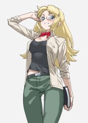 Rule 34 | 1girl, adapted costume, alternate hairstyle, black shirt, blonde hair, blue eyes, blush, book, bow, bowtie, calenda (kemono friends), cowboy shot, glasses, green pants, hand in own hair, highres, jacket, kemono friends, kemono friends 3, long hair, midriff peek, open clothes, open jacket, pants, red bow, red bowtie, shirt, solo, tanabe (fueisei), tank top, white jacket