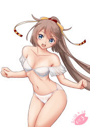 Rule 34 | 1girl, artist logo, bikini, breasts, brown hair, collarbone, commentary request, cowboy shot, dated, facing viewer, grey eyes, hair ribbon, kantai collection, kazagumo (kancolle), kazagumo kai ni (kancolle), long hair, looking to the side, moke ro, open mouth, ponytail, ribbon, round teeth, simple background, small breasts, solo, standing, swimsuit, teeth, upper teeth only, white background, white bikini