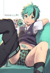 Rule 34 | 1boy, argyle, argyle clothes, argyle legwear, boxers, bright pupils, couch, food, green eyes, green hair, highres, ice cream, ice cream cone, ice cream cone spill, looking at viewer, male focus, male underwear, multicolored hair, original, pants around one leg, school uniform, socks, solo, streaked hair, tongue, tongue out, underwear, vest, yuushitessen