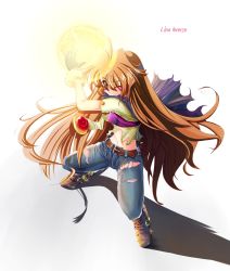 Rule 34 | 1girl, ahoge, alternate costume, belt, blue barret, blush, boots, cape, character name, contemporary, denim, earrings, full body, grin, jeans, jewelry, lina inverse, long hair, magic, matching hair/eyes, midriff, one eye closed, orange eyes, orange hair, pants, shadow, shirt, slayers, smile, solo, torn clothes, torn jeans, torn pants, white background, wink