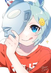 Rule 34 | 1girl, absurdres, animal ears, artist name, blue eyes, blush, closed mouth, green hair, hair ornament, hairclip, hand up, highres, holding, holding mask, horse ears, horse girl, looking at viewer, mask, red shirt, seiun sky (umamusume), shirt, short hair, short sleeves, simple background, solo, sparkle, tongue, tongue out, ultra series, ultraman, ultraman (1st series), umamusume, upper body, white background, zetsuyo chimayo