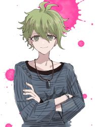 Rule 34 | 1boy, amami rantaro, antenna hair, danganronpa (series), danganronpa v3: killing harmony, ear piercing, earrings, green eyes, hair between eyes, highres, jewelry, long sleeves, male focus, necklace, omochi ksw, piercing, pink background, shirt, short hair, smile, solo, striped clothes, striped shirt, upper body, white background