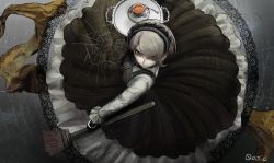 Rule 34 | 1girl, artist name, black dress, boots, breasts, broom, closed mouth, commentary request, cup, danganronpa (series), danganronpa v3: killing harmony, dress, eyes visible through hair, from above, green eyes, hair over one eye, highres, holding, holding broom, holding cup, holding tray, lace, lace-trimmed dress, lace trim, large breasts, long sleeves, looking at viewer, maid, maid headdress, pinafore dress, qosic, rain, shirt, short hair, sketch, sleeveless dress, solo, spider web print, teacup, teaspoon, tojo kirumi, tray, white shirt