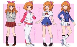 Rule 34 | 1girl, :d, ;), age progression, aikatsu!, aikatsu! (series), black footwear, blazer, blue jacket, blue legwear, blue skirt, blush, boots, border, bow, braid, brown legwear, clenched hands, closed mouth, collar, collared shirt, crown braid, embarrassed, full body, grey jacket, hair bow, hair over shoulder, hairband, hand on own hip, high heel boots, high heels, highres, holding, holding spoon, jacket, knee boots, loafers, long hair, looking at viewer, multicolored clothes, multicolored jacket, multiple persona, multiple views, neck ribbon, one eye closed, one side up, ozora akari, open mouth, orange hair, outside border, pants, parted lips, pink background, pink bow, pink collar, pink eyes, pink hairband, pink jacket, pink pants, pleated skirt, red neckwear, ribbon, school uniform, shamoji, shirt, shoes, short hair, single stripe, skirt, smile, sneakers, socks, spoon, star (symbol), star print, starlight academy school uniform, summer uniform, track jacket, track pants, track suit, translated, two-tone jacket, two-tone pants, uhouhogorigori, v-shaped eyebrows, white border, white footwear, white jacket, white legwear, white pants, white shirt, white skirt, wooden spoon