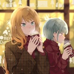 Rule 34 | 2girls, blazer, blowing on food, blush, braid, brown hair, brown jacket, buttons, coffee cup, cup, day, disposable cup, earrings, evening, fran (idoly pride), green eyes, grey hair, highres, holding, holding cup, idoly pride, jacket, jewelry, kana (idoly pride), long bangs, long hair, long sleeves, looking ahead, looking down, multiple girls, open clothes, open jacket, outdoors, parted lips, plaid, plaid jacket, profile, red jacket, red sweater, short hair, steam, straight hair, sweater, turtleneck, turtleneck sweater, upper body, watanuki (enu), window