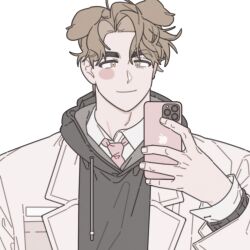 Rule 34 | 1boy, animal ears, apple inc., blush, coat, collared shirt, dog ears, highres, holding, holding phone, hood, hood down, light brown hair, looking at viewer, male focus, na-eun (ejdbvaaqup08jfy), necktie, original, phone, selfie, shirt, short hair, smile, solo, thick eyebrows, upper body, white background, winter clothes