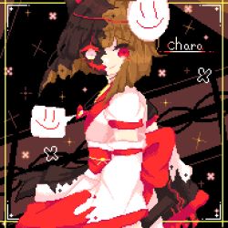 Rule 34 | 1other, =), text background, black background, brown hair, chara (undertale), heterochromia, japanese clothes, kimono, leila, lowres, mask, pixel art, red eyes, ribbon, shirt, smile, solo, undertale, white eyes, white shirt