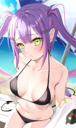 Rule 34 | 1girl, absurdres, bare shoulders, bikini, black bikini, blush, breasts, cleavage, collarbone, colored inner hair, commentary, commentary request, demon tail, ear piercing, green eyes, hair ornament, hairclip, halterneck, highres, hololive, long hair, looking at viewer, medium breasts, mogmog megmog, multicolored hair, navel, open mouth, piercing, pink hair, pointy ears, pout, purple hair, side-tie bikini bottom, solo, streaked hair, string bikini, swimsuit, tail, tail ornament, tail piercing, tokoyami towa, twintails, virtual youtuber