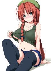 Rule 34 | 1girl, bare shoulders, beret, black bow, black thighhighs, blush, bow, braid, breasts, cleavage, clothes lift, collarbone, commentary request, green eyes, hair bow, hat, hong meiling, large breasts, lifted by self, long hair, looking at viewer, midriff, navel, no bra, nori tamago, red hair, shadow, shirt lift, shorts, simple background, sitting, solo, sweatdrop, tank top, thighhighs, thighs, touhou, twin braids, very long hair, white background