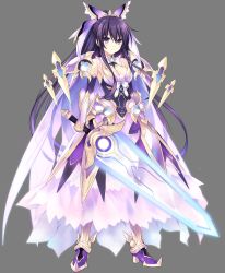 Rule 34 | 10s, 1girl, armor, armored dress, bow, choker, date a live, date a live: spirit pledge, dress, full body, gloves, hair between eyes, hair bow, highres, long hair, looking at viewer, novel illustration, official art, pauldrons, ponytail, purple eyes, purple hair, serious, shoulder armor, solo, standing, sword, transparent background, tsunako, very long hair, weapon, yatogami tooka