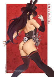 Rule 34 | 1other, animal ears, ass, asymmetrical gloves, aurahack, bare shoulders, black gloves, black hair, black thighhighs, character name, elbow gloves, fingerless gloves, from behind, gloves, guilty gear, hat, highres, leotard, long hair, looking at viewer, mismatched gloves, other focus, rabbit ears, red eyes, single elbow glove, solo, strapless, strapless leotard, testament (guilty gear), thighhighs, top hat, watermark, web address, white gloves